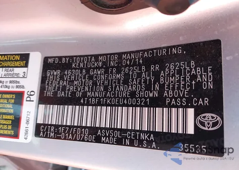 2014 Toyota Camry Le z USA, uszkodzony, nr VIN 4T1BF1FK0EU400321